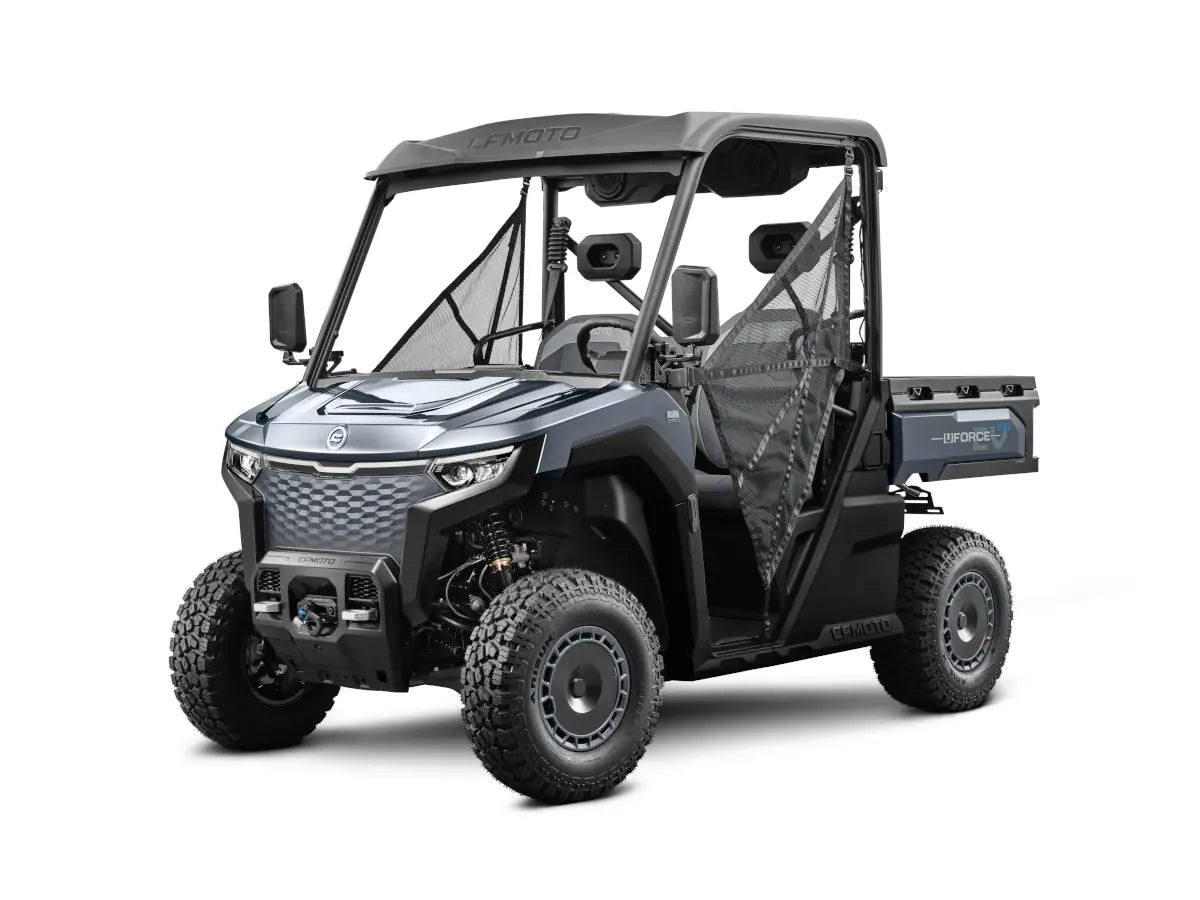 CFMOTO UFORCE EVU6 commercial all-electric UTV, metallic grey, 35kW, 60+ mile range