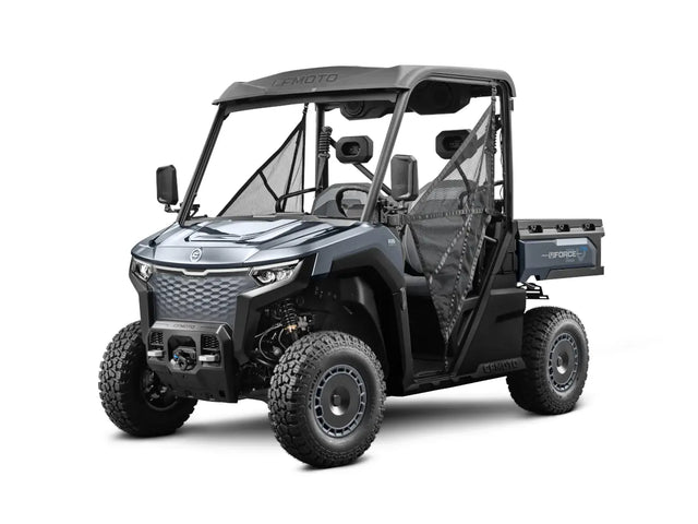 CFMOTO UFORCE EVU6 commercial all-electric UTV, metallic grey, 35kW, 60+ mile range