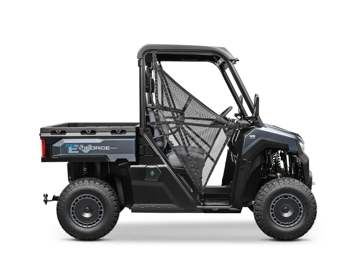 CFMOTO UFORCE EVU6 Commercial all-electric UTV in metallic grey, side-profile with cargo bed.