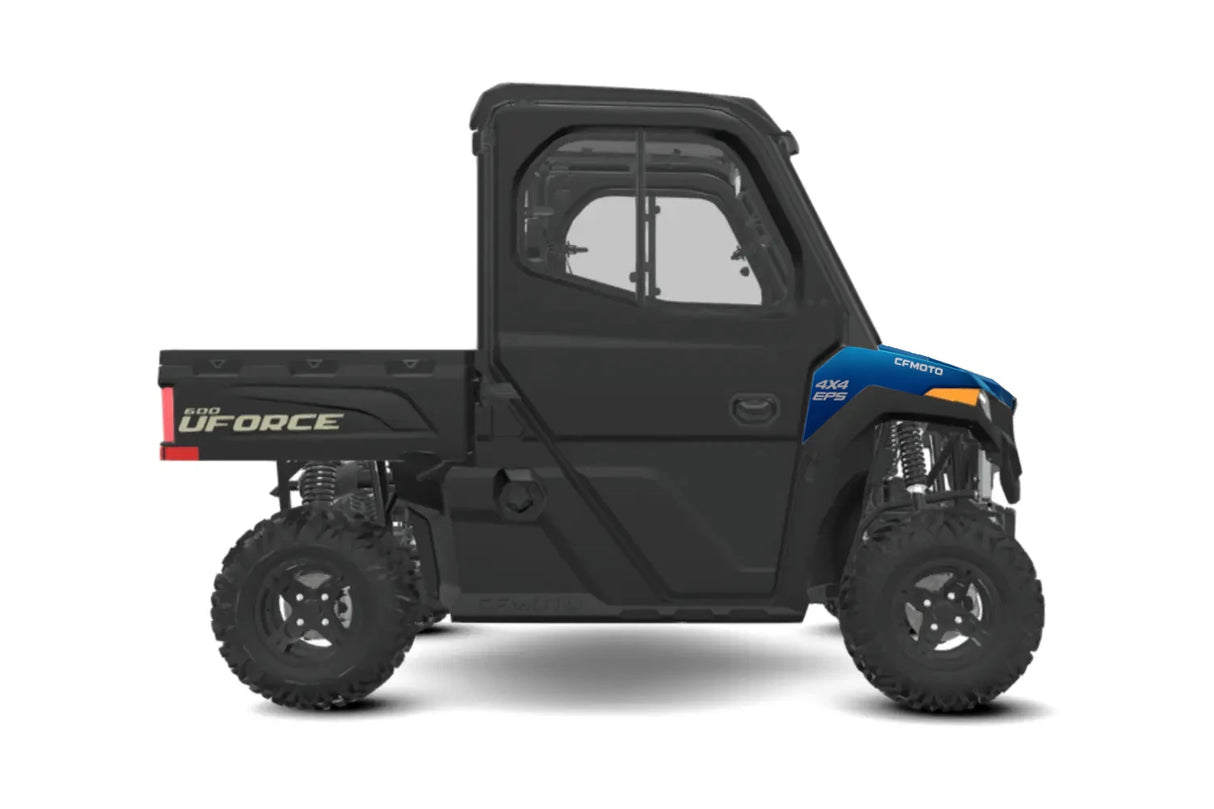 CFMOTO UFORCE 600 Highland UTV with full cab, black body and blue front fender accents, 4x4 EPS