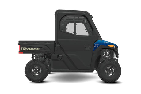 CFMOTO UFORCE 600 Highland UTV with full cab, black body and blue front fender accents, 4x4 EPS