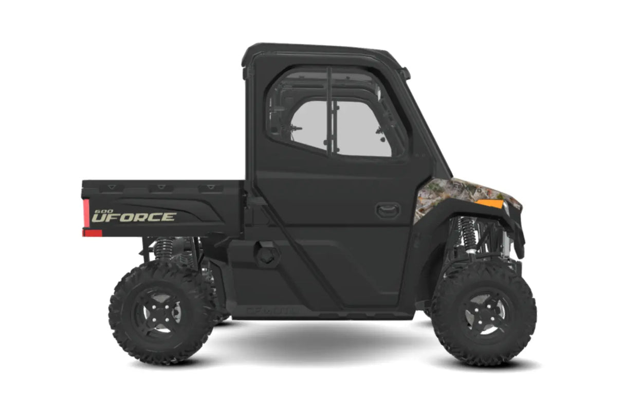 CFMOTO UFORCE 600 Highland full-cab 4WD UTV with factory heater and EPS, black with camo hood.