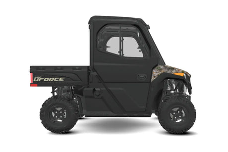 CFMOTO UFORCE 600 Highland full-cab 4WD UTV with factory heater and EPS, black with camo hood.