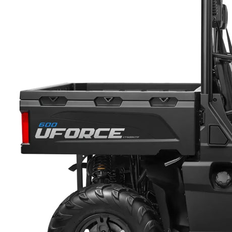 CFMOTO UFORCE 600 UTV cargo bed side view in dark gray, 4WD with EPS