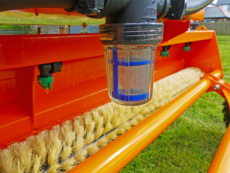 Chapman T240 tractor-mounted weed wiper with orange frame and beige brush roller