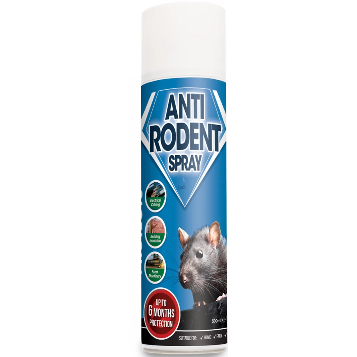 Anti-Rodent Spray by Lodi, 500ml blue aerosol can with white cap and rat illustration