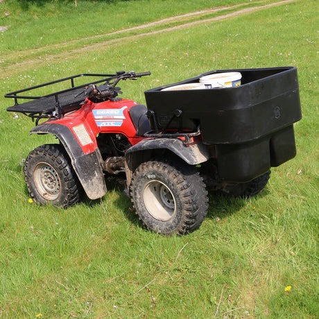 ATV deep carrier box, 250L capacity, heavy-duty black universal-fit storage on red ATV.