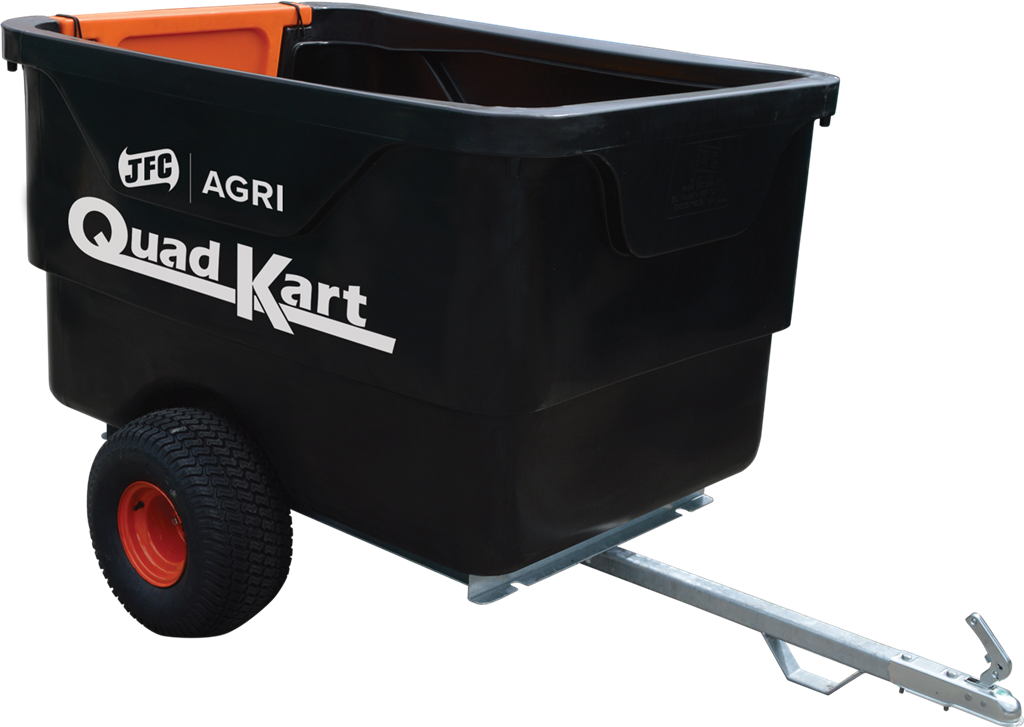 Quad Kart ATV Trailer by JFC Agri with black plastic tub, galvanized frame and orange wheel hub.