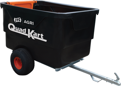 Quad Kart ATV Trailer by JFC Agri with black plastic tub, galvanized frame and orange wheel hub.