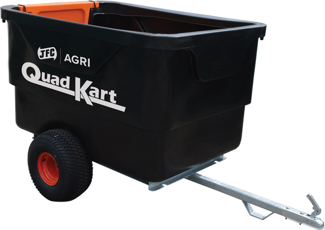 Quad Kart ATV Trailer by JFC Agri with black plastic tub, galvanized frame and orange wheel hub.