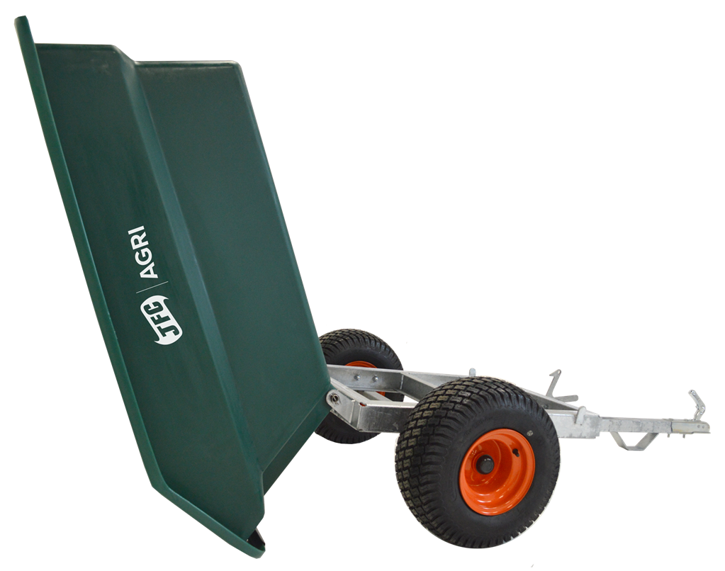JFC Agri ATV tipping trailer, 400L green with galvanised frame and orange wheels