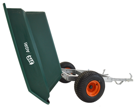 JFC Agri ATV tipping trailer, 400L green with galvanised frame and orange wheels