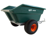 JFC Agri ATV tipping trailer, green with galvanised frame, orange wheel, 400L capacity for ATV compatibility and farm tasks