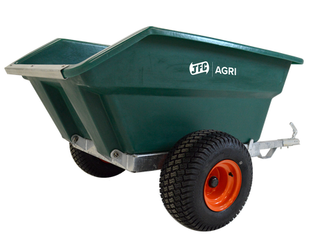 JFC Agri ATV tipping trailer, green with galvanised frame, orange wheel, 400L capacity for ATV compatibility and farm tasks