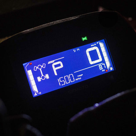 CFMOTO CForce 625 Agri ATV dashboard display with blue digital gauge, gear P, speed 0 km/h, 1500 RPM