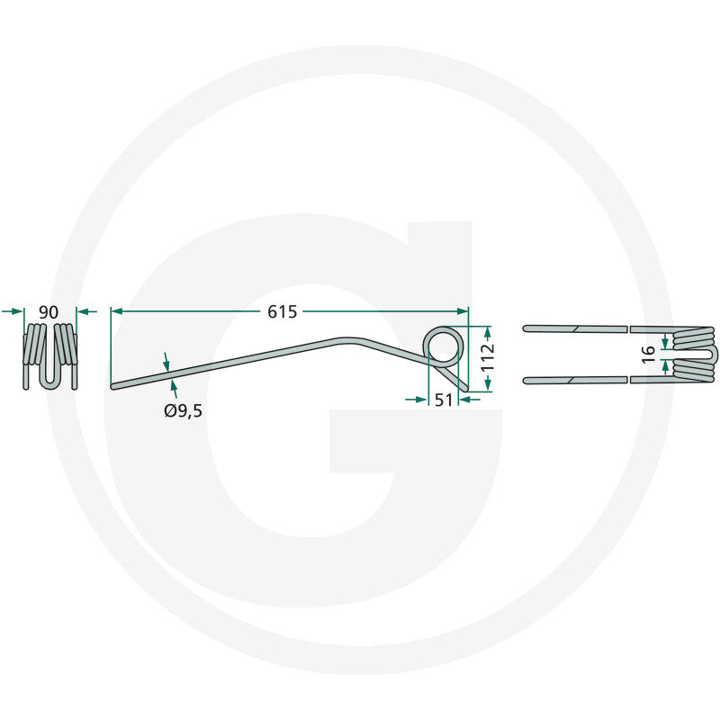 Granit swather tine, Kuhn single unit, technical drawing showing 615 mm length.