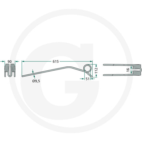 Granit swather tine, Kuhn single unit, technical drawing showing 615 mm length.