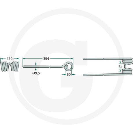Granit rotary tedder tine, pack of 10; technical diagram shows 394 mm length and Ø9.5 mm diameter