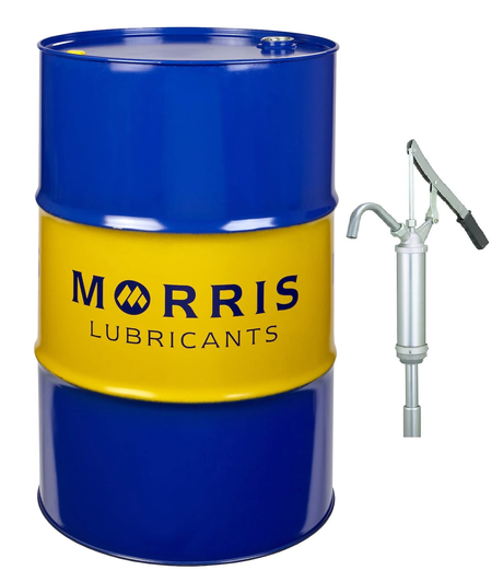 GroundForce Croma 30 chain saw bar oil drum by Morris Lubricants, blue/yellow 205 L drum with pump.