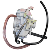 Carburetor Assembly for Kawasaki KLF300 Bayou ATV non-heater, metallic gray with black hoses.