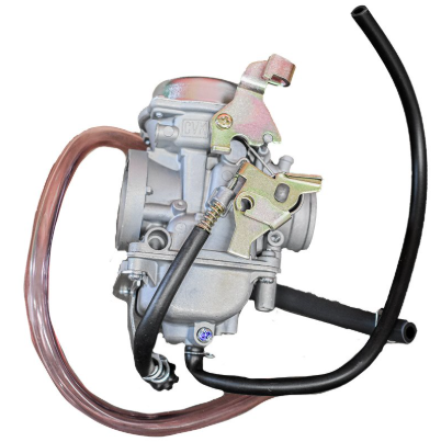 Carburetor Assembly for Kawasaki KLF300 Bayou ATV non-heater, metallic gray with black hoses.