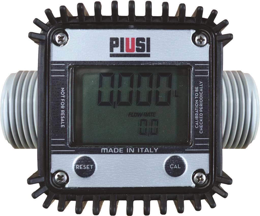 Piusi K24 digital flow meter with silver body and black housing; logo visible