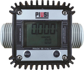 Piusi K24 digital flow meter with silver body and black housing; logo visible