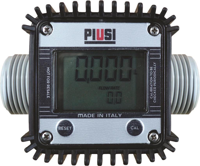 Piusi K24 digital flow meter with silver body and black housing; logo visible
