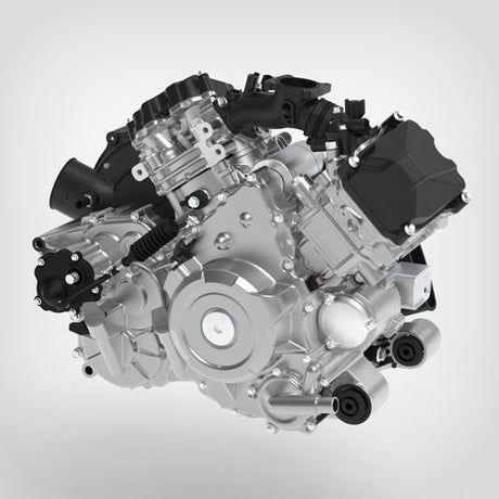 CFMOTO ATV engine block with silver finish and V-twin layout.