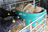 JFC Agri Gate Hay Feeder 100L, green 7-partition livestock feeder with two cows nearby.