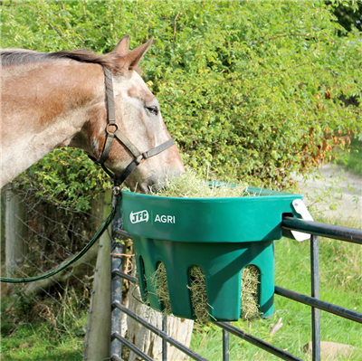 JFC Agri 100L gate hay feeder with 7 partitions, green livestock feeder mounted on a fence