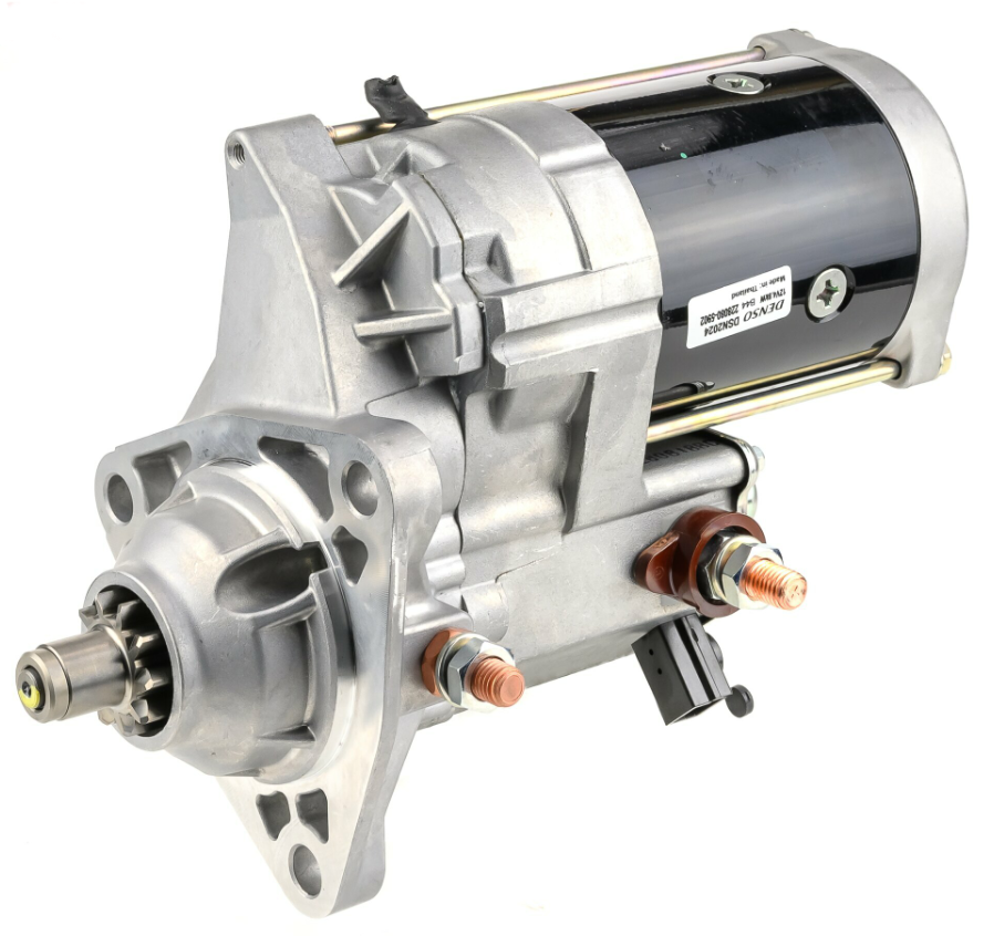 Denso gear-reduction tractor starter motor, 12V, for Case IH Magnum/AFX, silver aluminum housing with black motor body