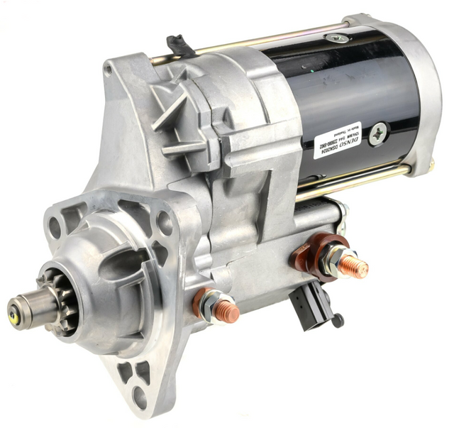 Denso gear-reduction tractor starter motor, 12V, for Case IH Magnum/AFX, silver aluminum housing with black motor body