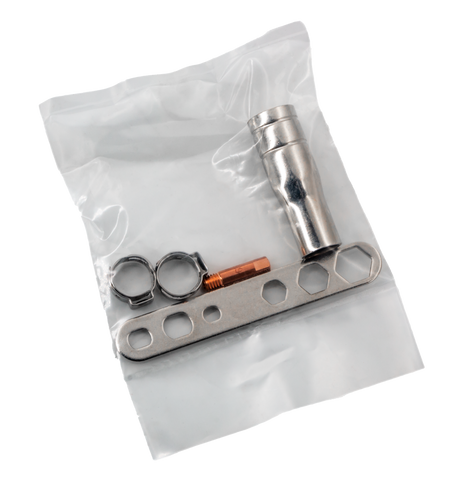 GYS EasyMIG 130 welder accessory kit in plastic bag, includes copper contact tip, metal connectors, and mounting plate