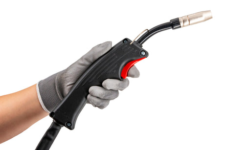 GYS EasyMIG 130 welder torch held in a gloved hand; black handle with red trigger and copper nozzle