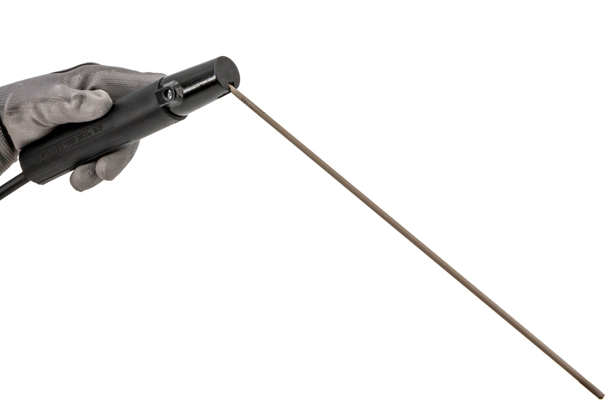 GYS EasyMIG 130 welder torch held by gloved hand with brown welding cable