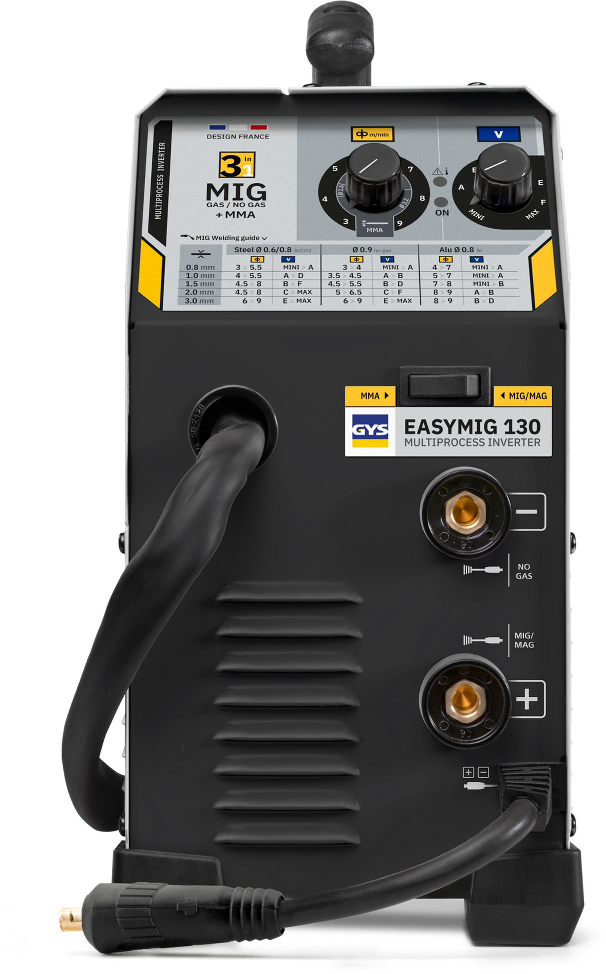 GYS EasyMIG 130 multiprocess inverter welder in black with MIG/MAG controls and cables