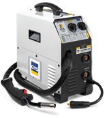 GYS EasyMIG 130 welder with accessories; compact gray inverter with MIG/MAG controls and welding cables