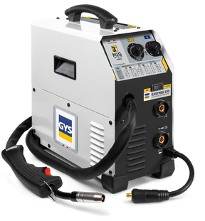 GYS EasyMIG 130 welder with accessories; compact gray inverter with MIG/MAG controls and welding cables