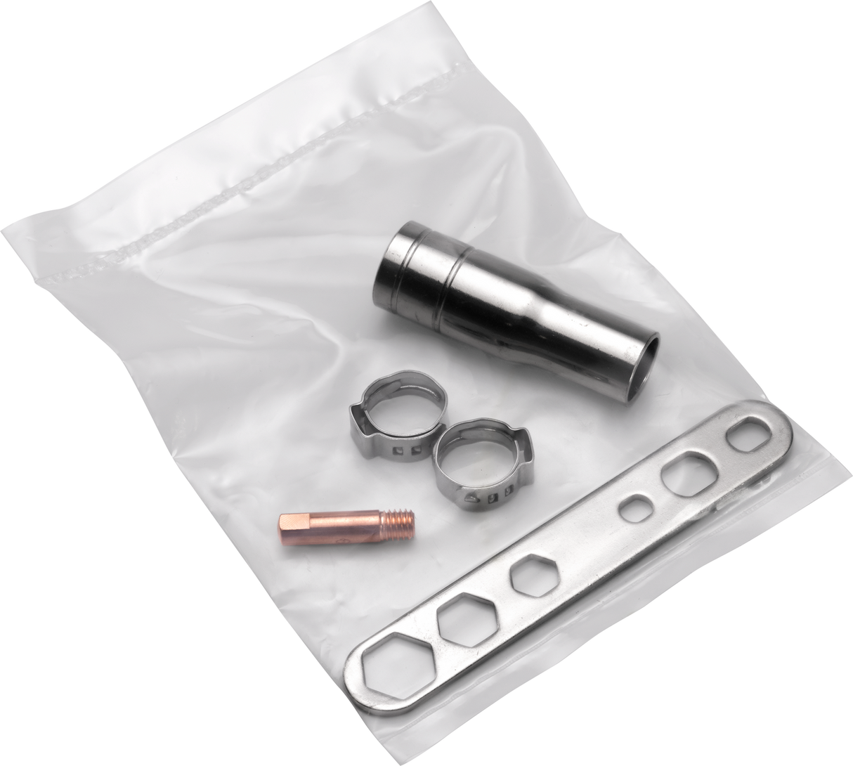 GYS EasyMIG 150 welder accessories kit in clear bag; silver clamps and copper nozzle