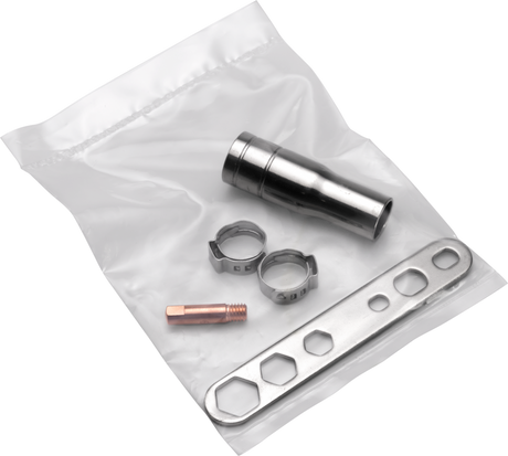 GYS EasyMIG 150 welder accessories kit in clear bag; silver clamps and copper nozzle