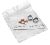 Copper pipe fittings and metal hose clamps in a white plastic bag