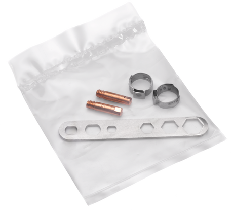 Copper pipe fittings and metal hose clamps in a white plastic bag