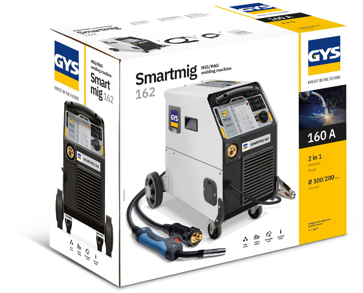 GYS SmartMIG 162 welder box featuring MIG/MAG welding machine and accessories