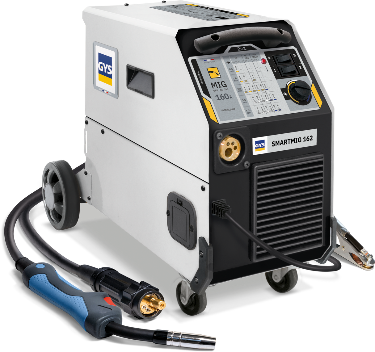 GYS SmartMIG 162 welder with attached torch; compact 2-in-1 MIG gas/no-gas unit and control panel.