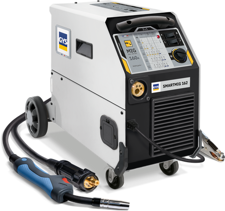 GYS SmartMIG 162 welder with attached torch; compact 2-in-1 MIG gas/no-gas unit and control panel.