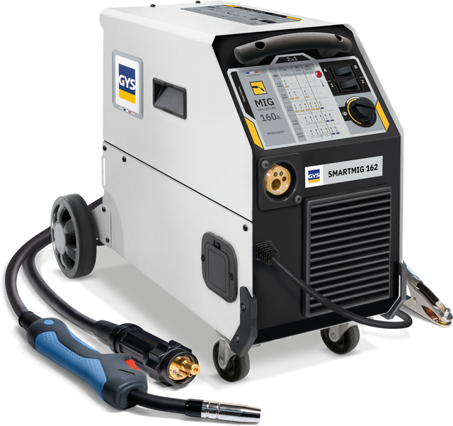 GYS SmartMIG 162 welder with attached torch; compact 2-in-1 MIG gas/no-gas unit and control panel.