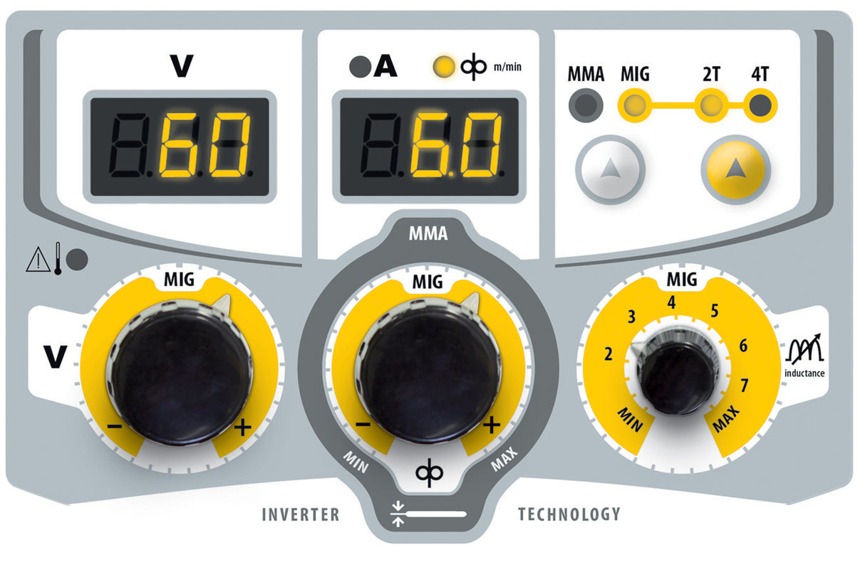 GYS Multiweld FV 220M welder control panel with two digital readouts, MIG/MMA selector, and bright yellow adjustment dials