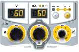 GYS Multiweld FV 220M welder control panel with two digital readouts, MIG/MMA selector, and bright yellow adjustment dials