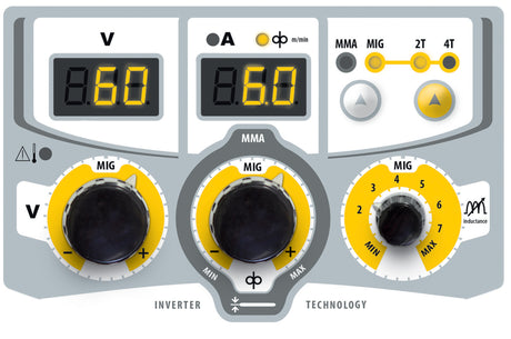 GYS Multiweld FV 220M welder control panel with two digital readouts, MIG/MMA selector, and bright yellow adjustment dials